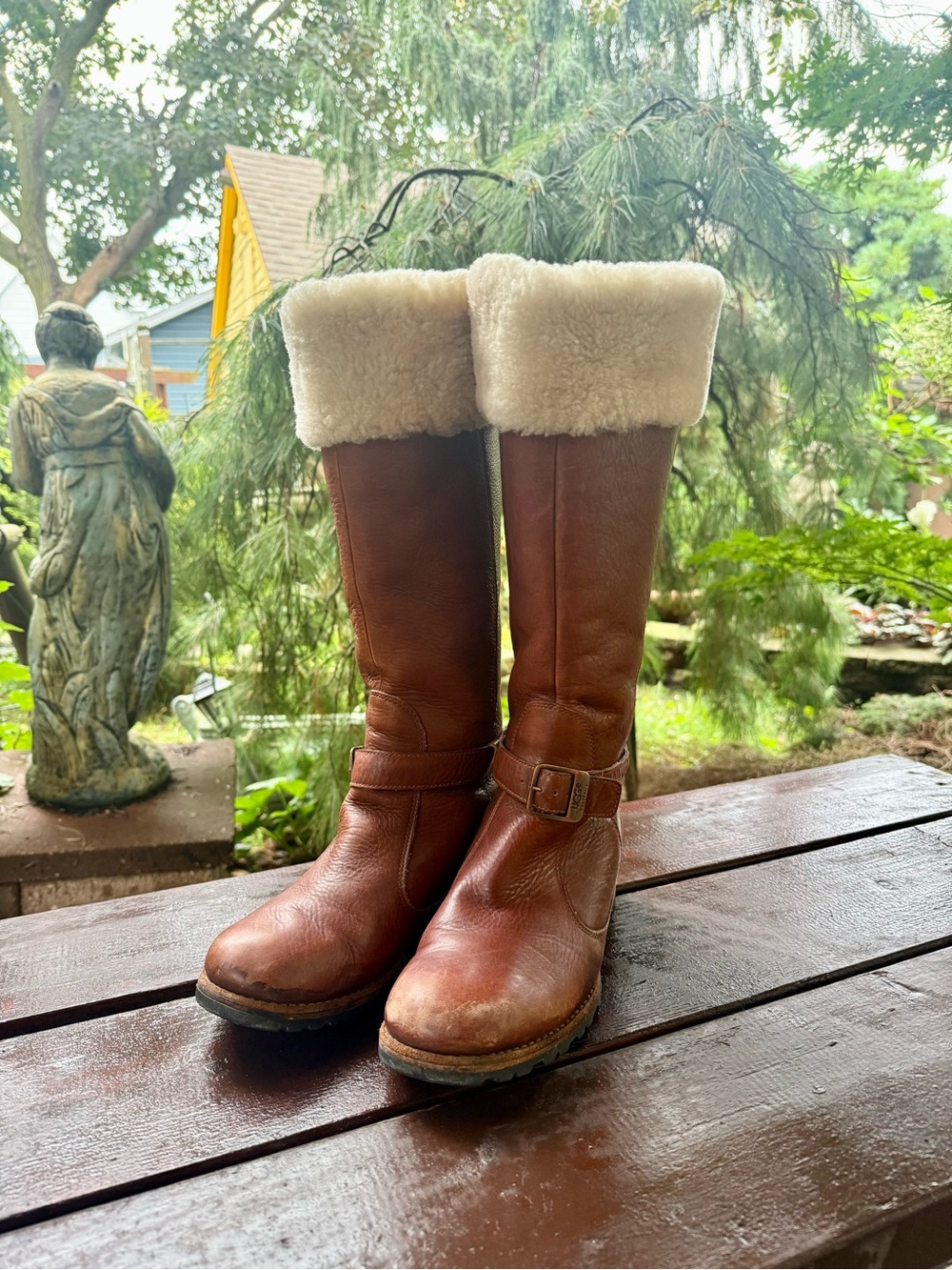 Women's Brown Faux Shearling-Lined Leather Knee Boots